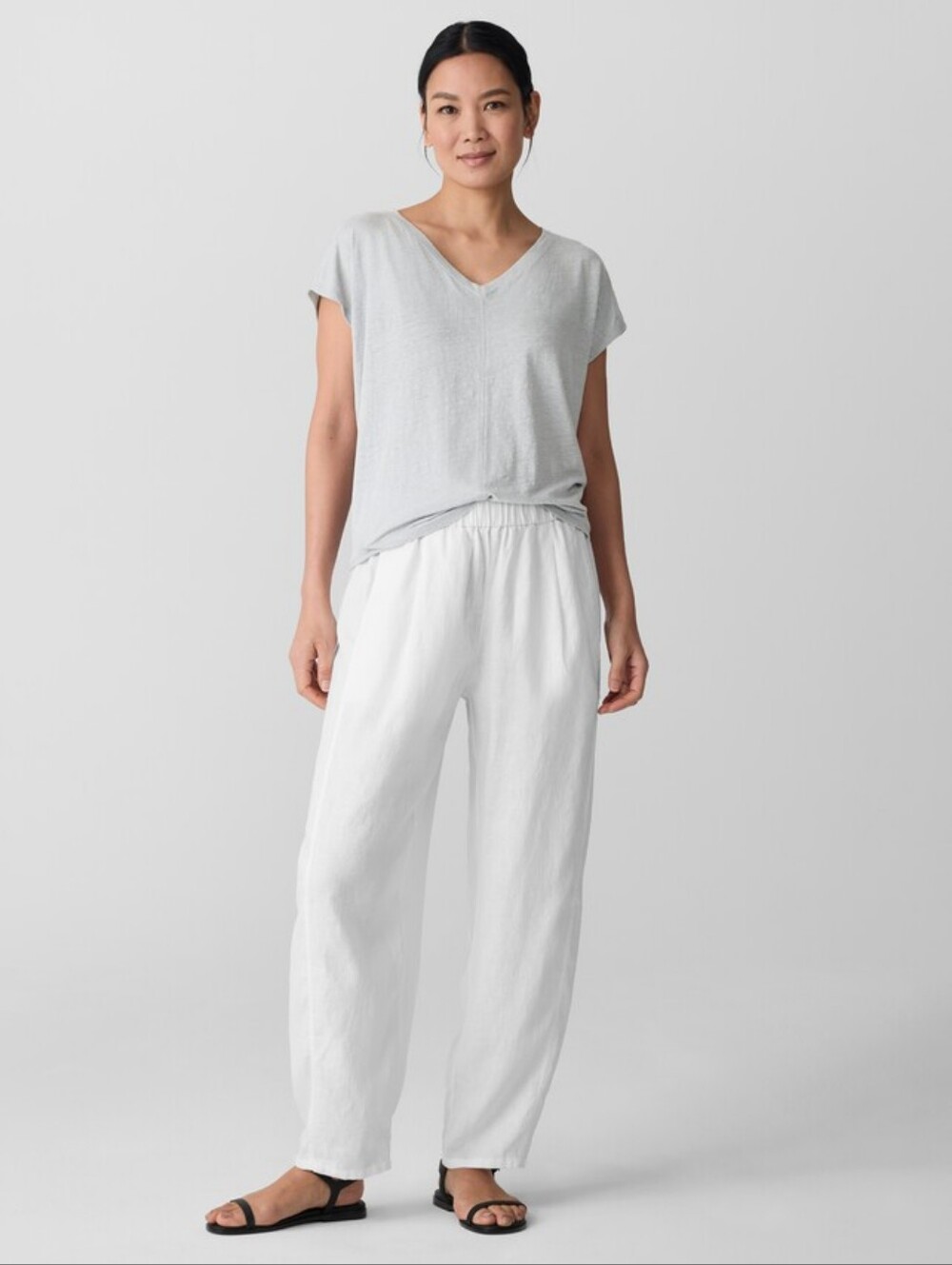 Eileen Fisher lantern barrel white pull on linen pants XS boho comfy resort
